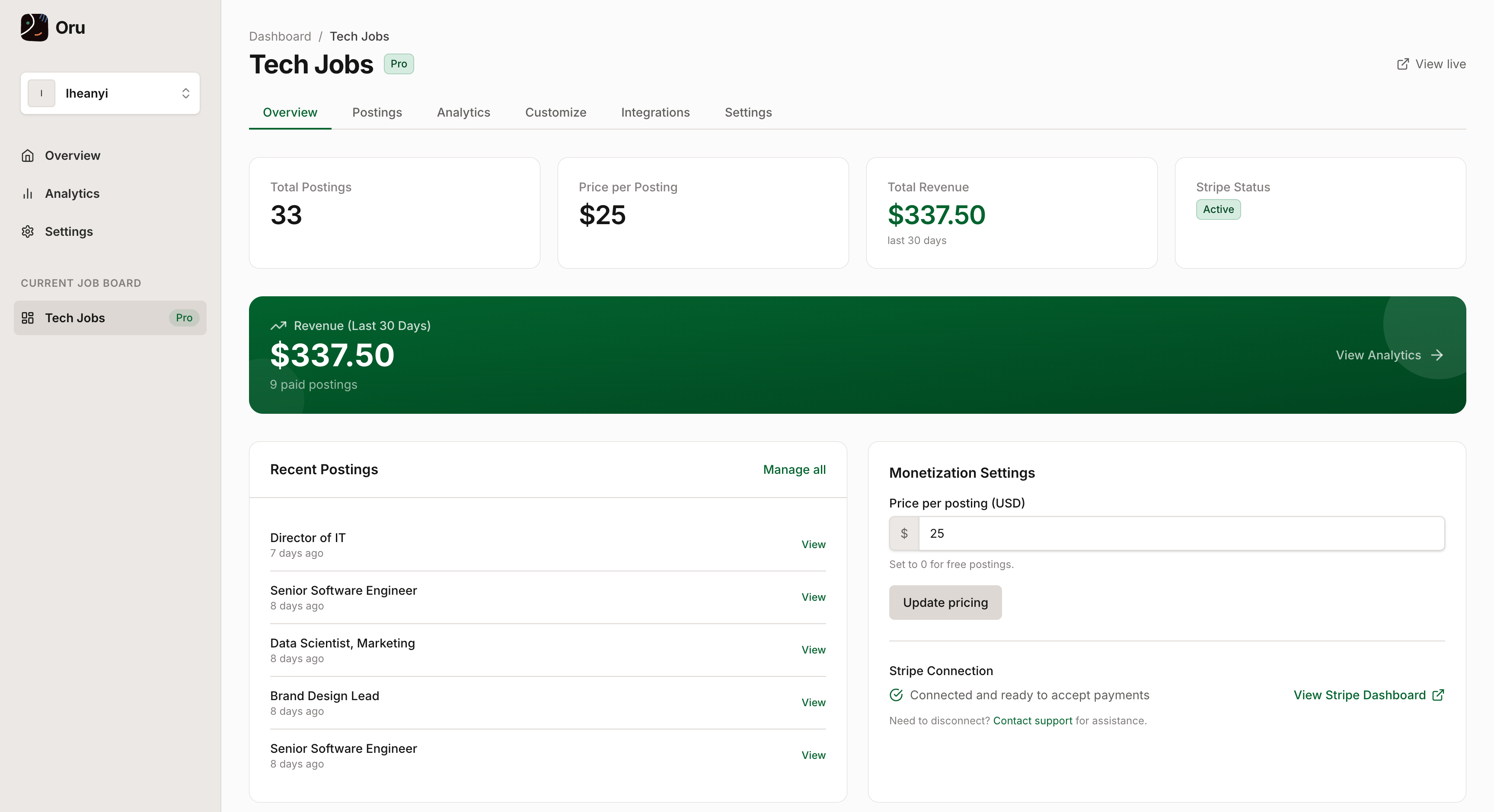 Revenue dashboard showing earnings and transactions